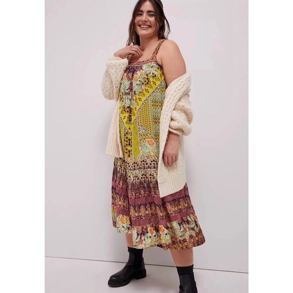 Anthropologie Lovett Tiered Flowy Bohemian Chic Midi Dress Large Floral Lace B24 - Picture 7 of 13